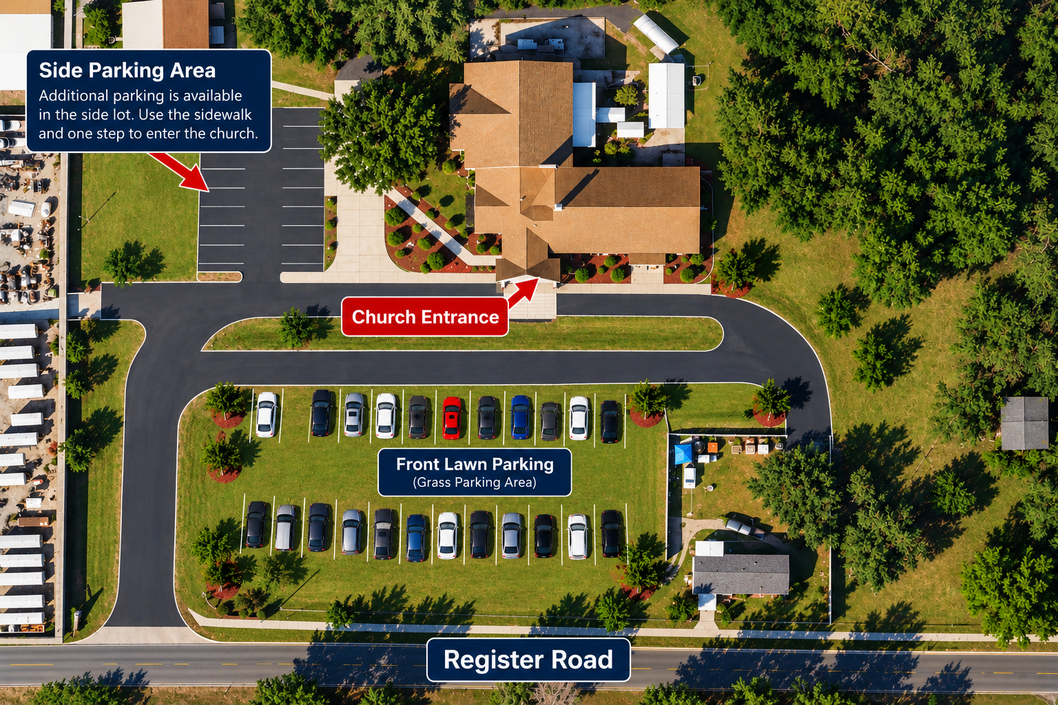 Aerial view of Countryside Baptist Church property showing parking areas and entrances